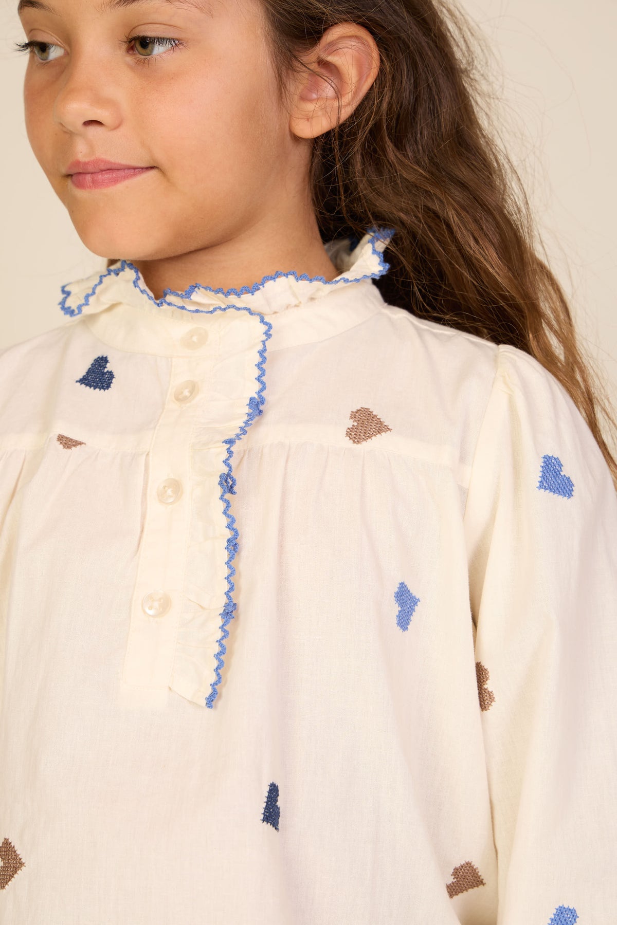 Katoenen blouse met hartborduursel Tween - Blue/Brown | 101456 Elina