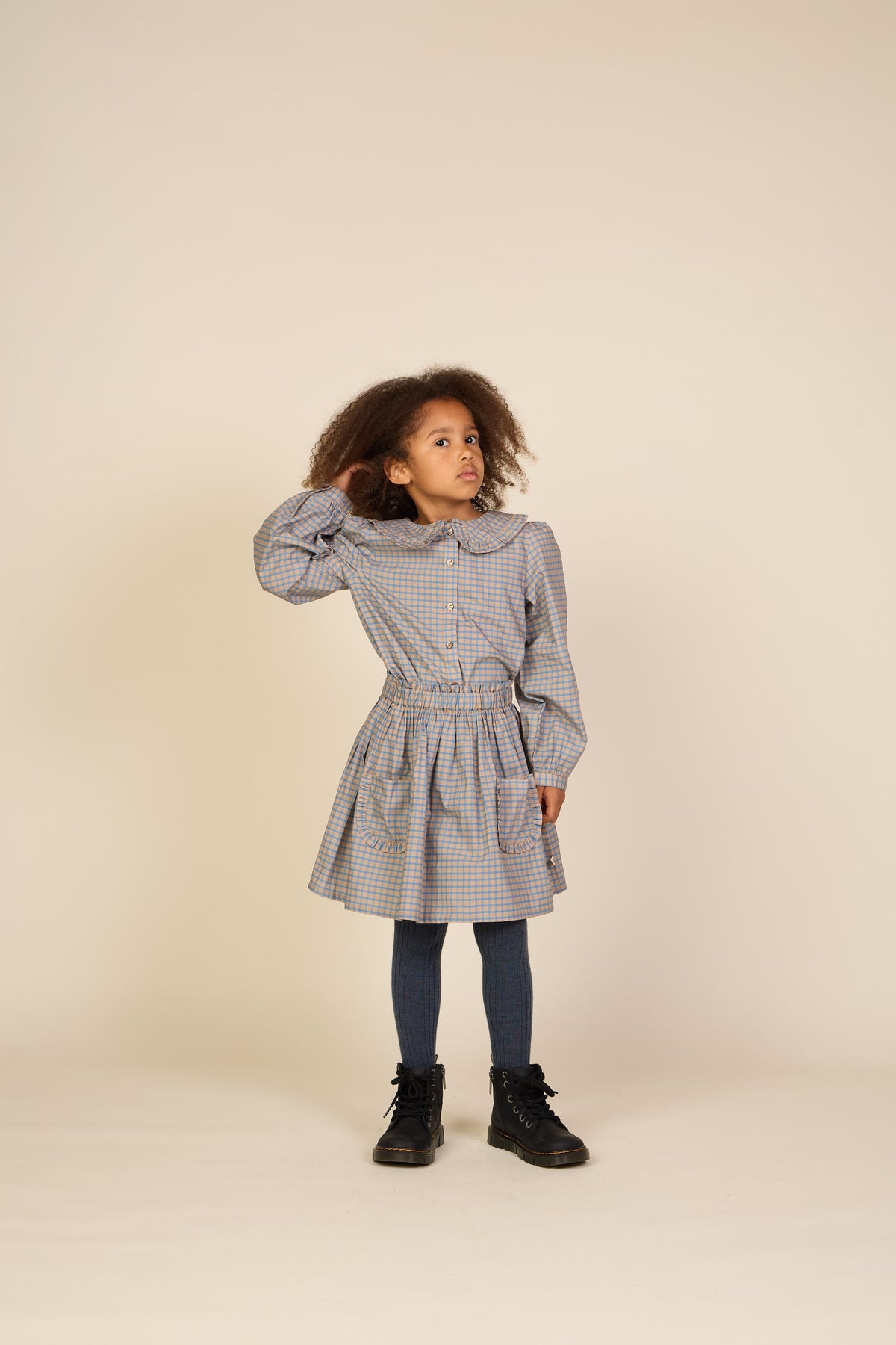 Poplin rok met ruchezakken Tween - Blue Check | 101446 Julia