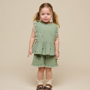 Geborduurde Seersucker Top - Kids - Dusty Green | 100980 Nora