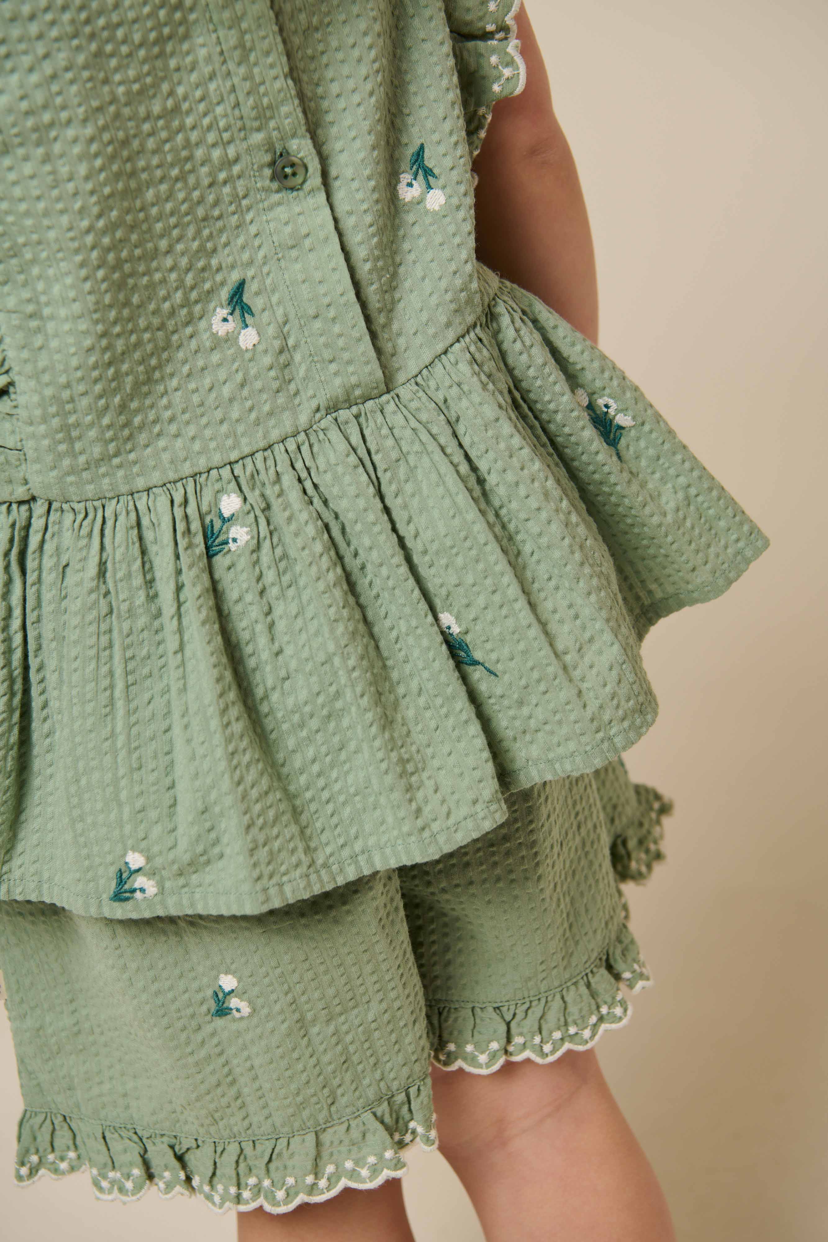 Geborduurde Seersucker Top - Kids - Dusty Green | 100980 Nora