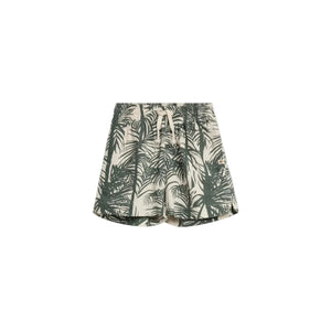 Khaki shorts with a green palm leaf pattern, featuring an elastic waistband and drawstring, are displayed against a plain white background.