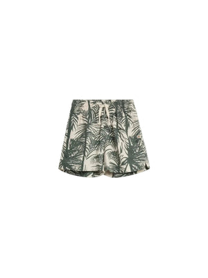 Khaki shorts with a green palm leaf pattern, featuring an elastic waistband and drawstring, are displayed against a plain white background.