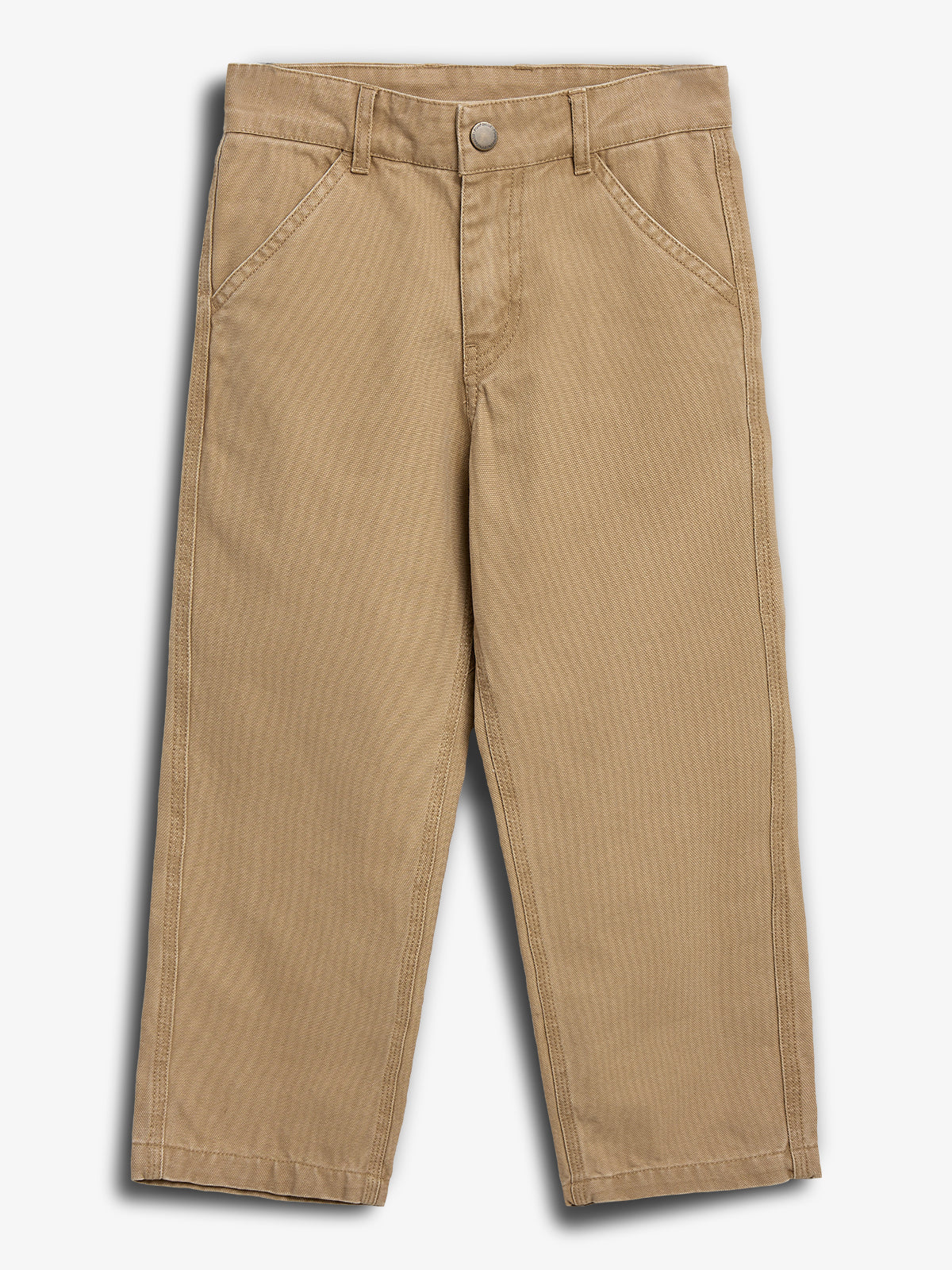 Khaki-colored pants are laid flat, showcasing a straight-leg design. They have a button and zip fly closure, belt loops, and front pockets, all set against a plain white background.