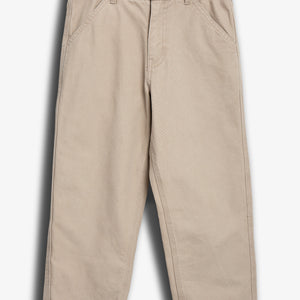 Khaki-colored pants, laying flat, feature a button closure and front pockets. The plain background highlights the garment's design and neutral tone.