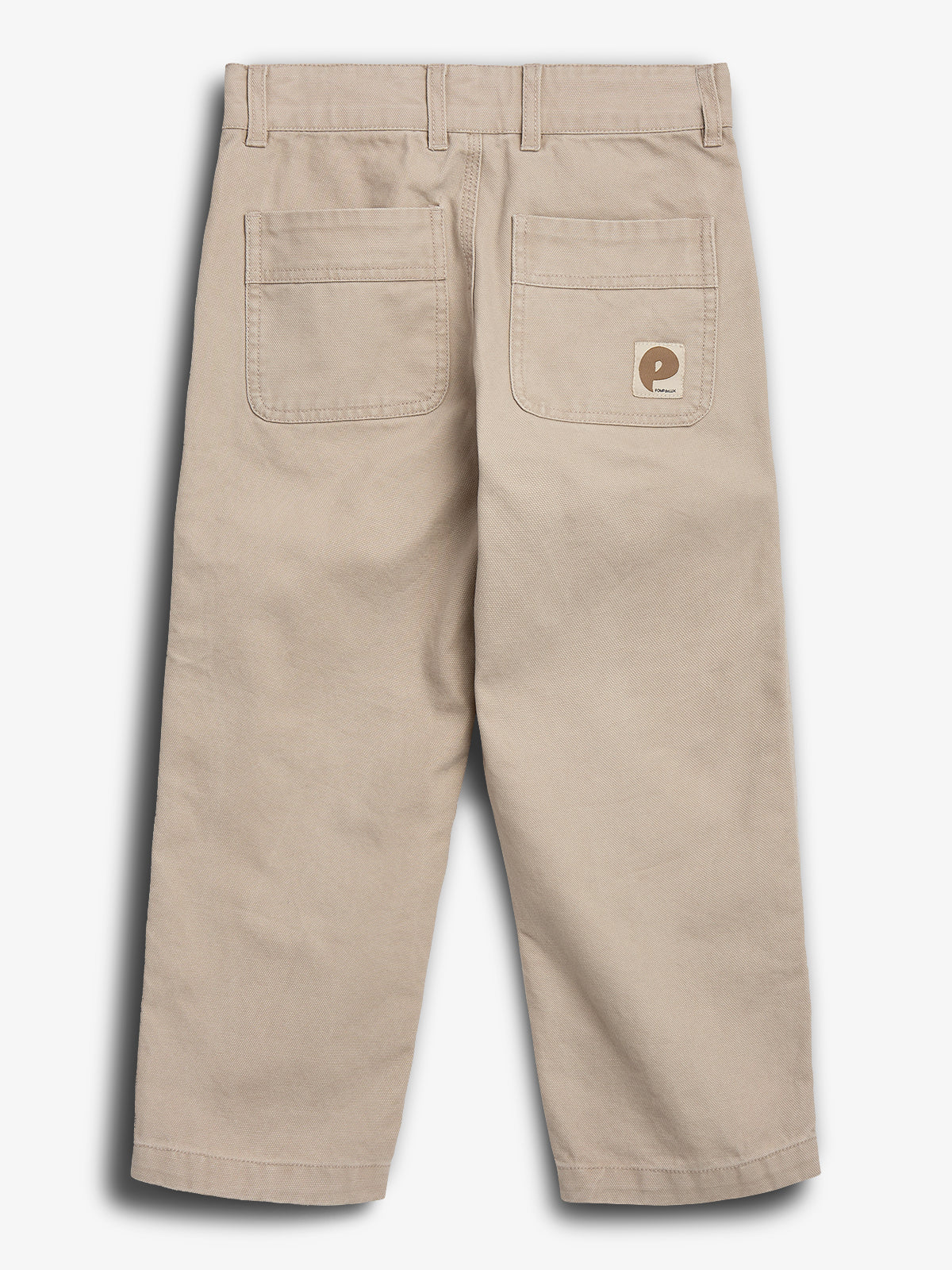 Beige trousers with two rear pockets, one displaying a logo "P" above "Patagonia." The pants are neatly laid flat against a plain white background, showcasing stitching and belt loops.