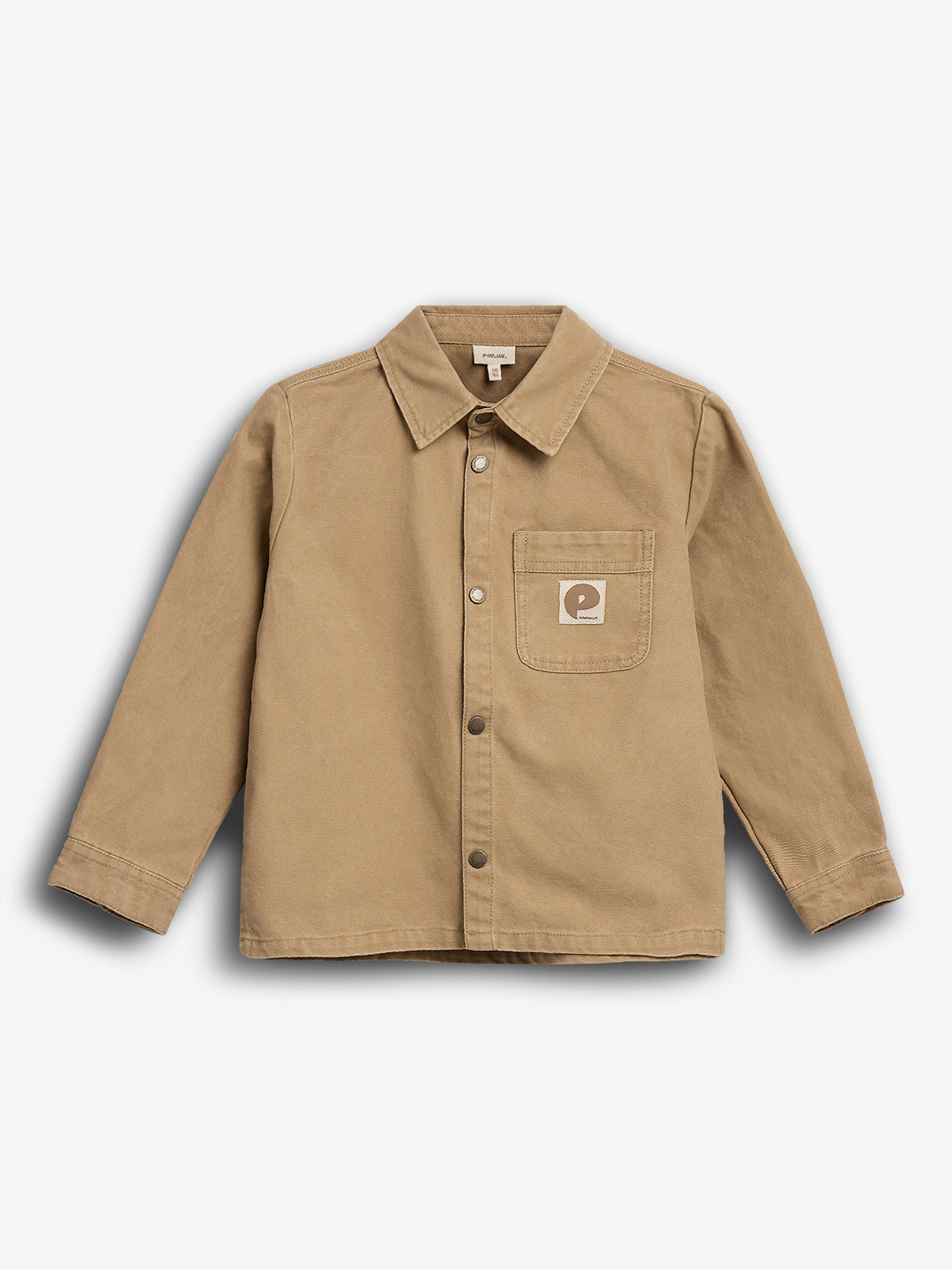 Beige jacket with button closure, featuring a collar and a single chest pocket showing a logo. Presented against a plain white background.