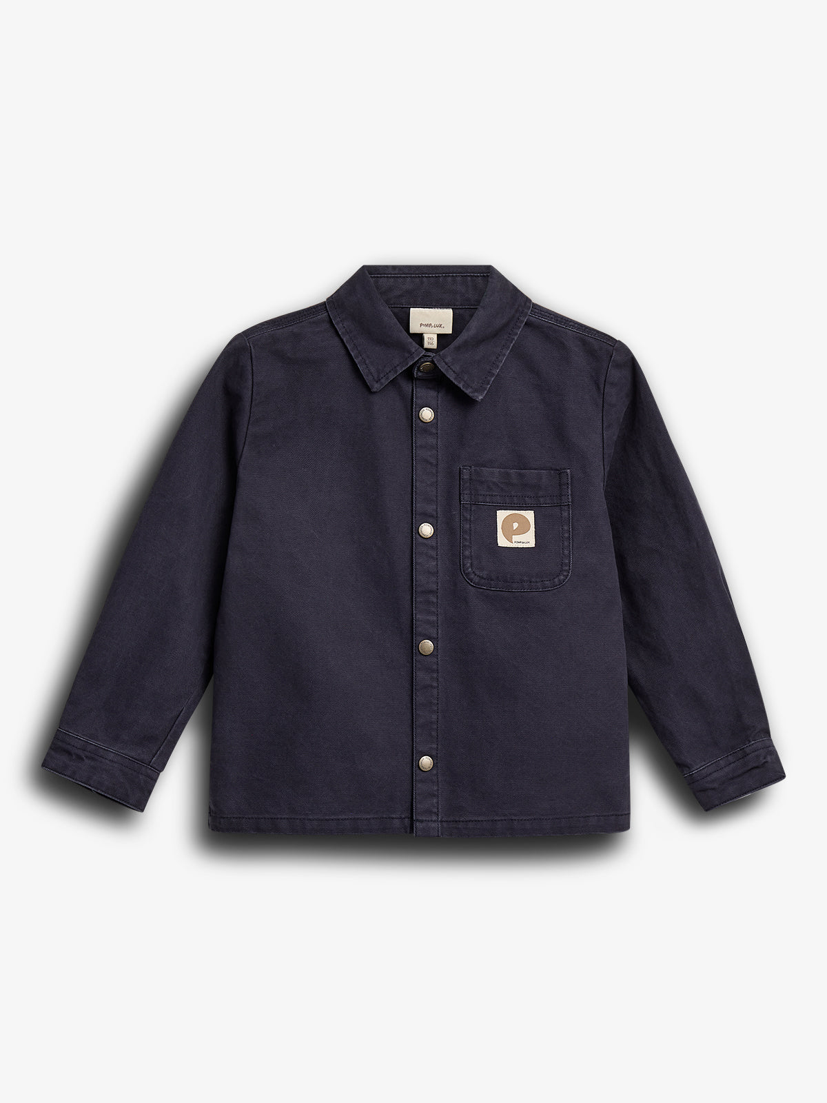 Dark blue button-up shirt with a collar and long sleeves, featuring a pocket on the chest with a small, square patch logo showing the letter "P." Placed against a plain white background.
