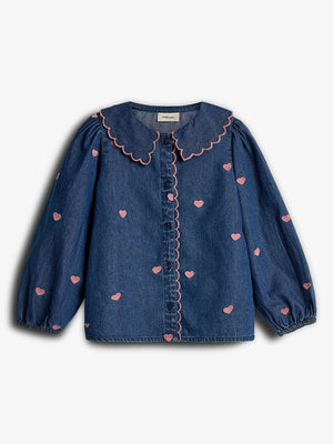 Denim overhemd met borduursel - Dark Blue Denim with Rose Heart | 100179 Debbie