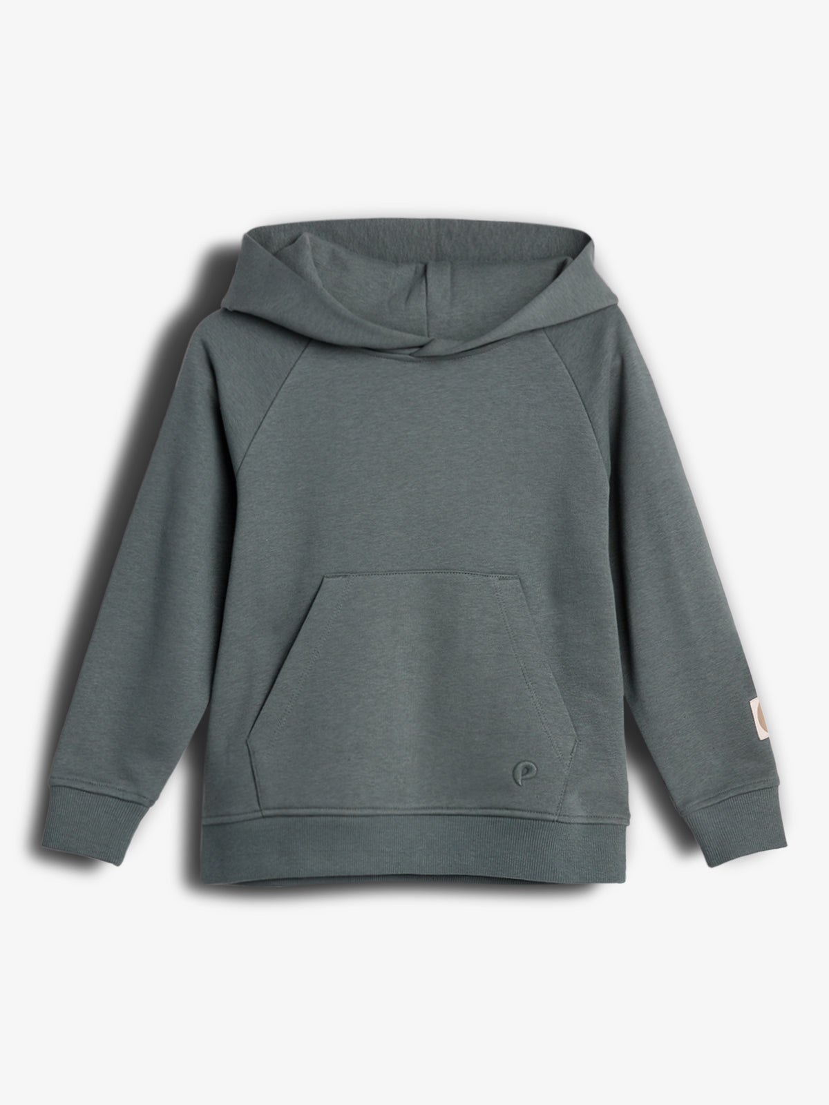 A grey hoodie with long sleeves and a front kangaroo pocket, displayed against a plain white background. It features small embroidered details near the pocket and on the sleeve.