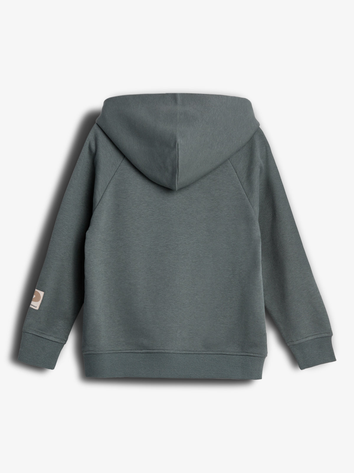 A green hooded sweatshirt with long sleeves, shown from the back, features a small beige patch on the left sleeve, against a plain white background.