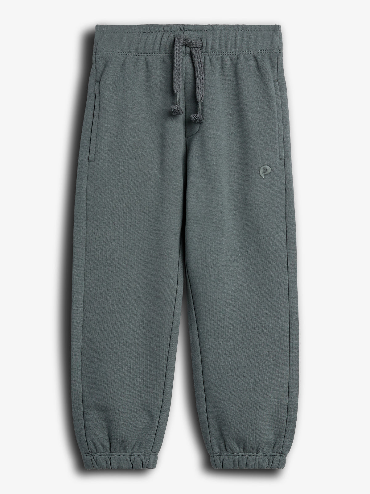 Gray joggers with an elastic waistband and drawstrings, featuring side pockets and a small "P" logo on the left. They're set against a plain white background.