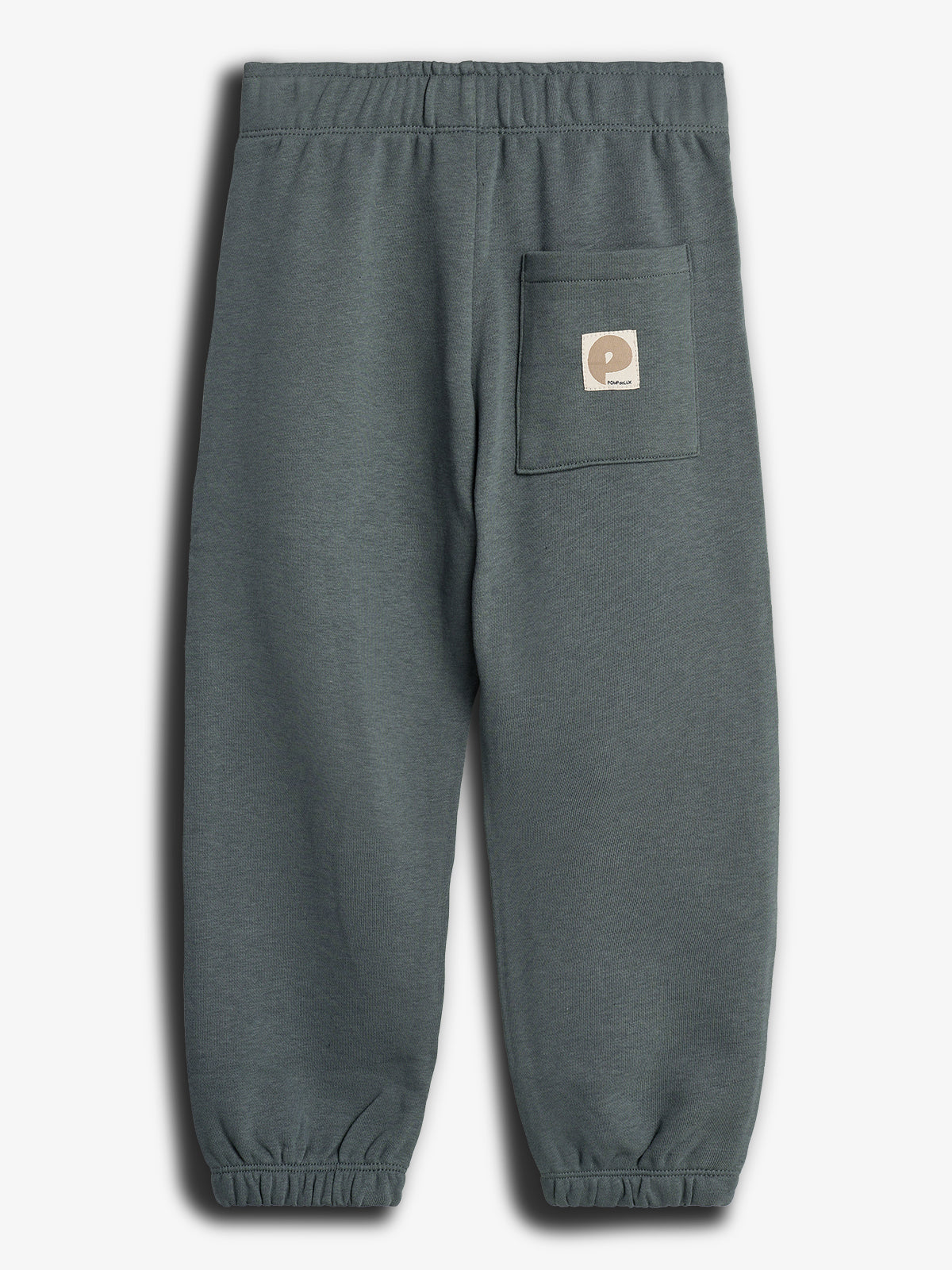 Gray sweatpants hang against a plain backdrop. They feature an elastic waistband and cuffs, with a patch pocket on the back. The pocket has a label reading "POPULAIRE."
