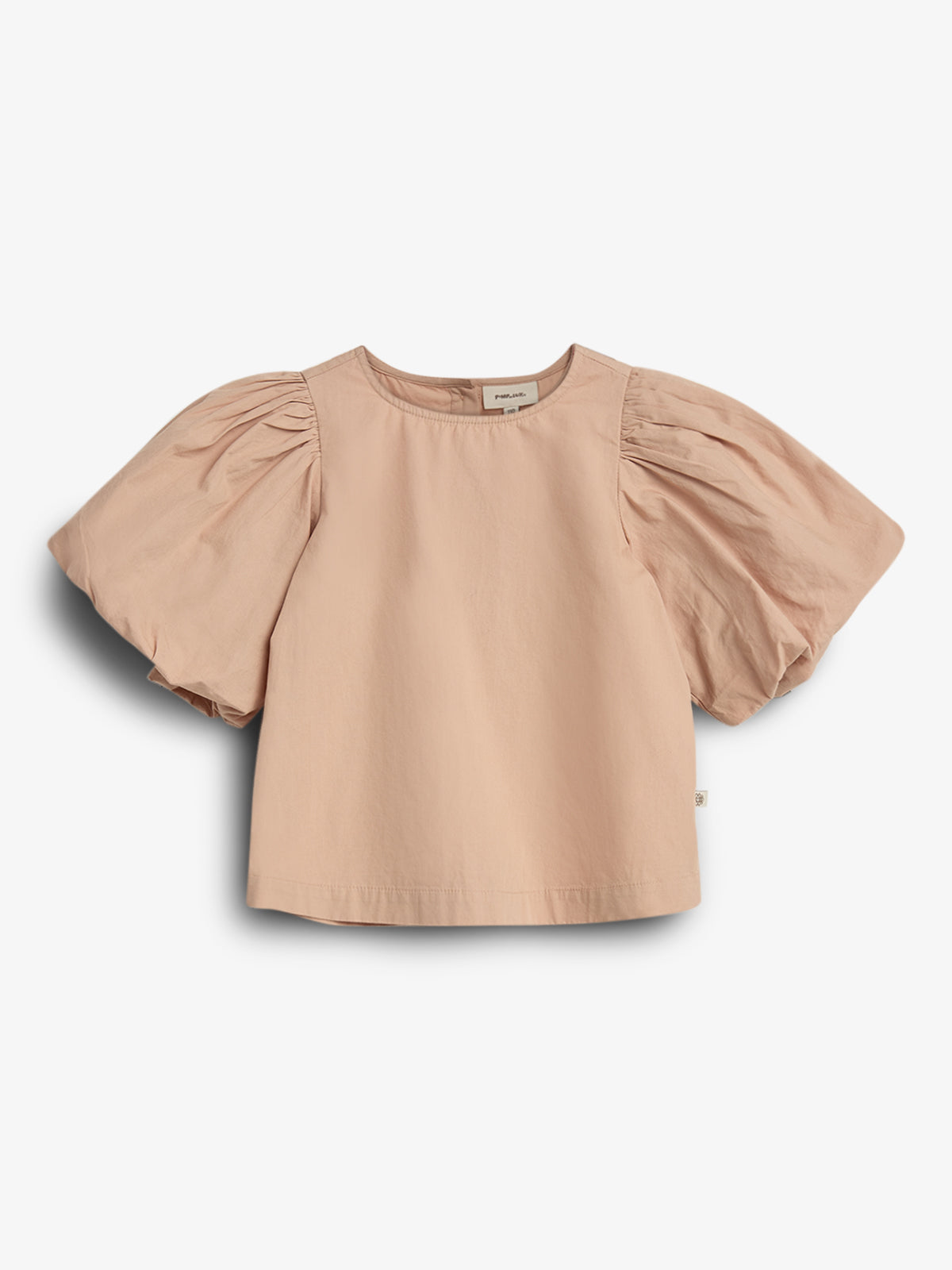 A beige blouse with short, puffed sleeves hangs against a plain white background. The neckline is round, and a small label visible inside reads "Polo Ralph."