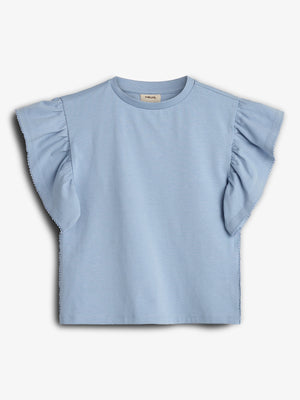 T-shirt met ruchesmouwen en picotsteek - Blue | 100257 Vilde