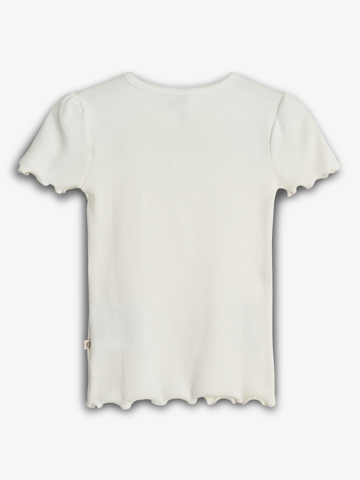 White short-sleeved shirt, featuring ribbed fabric and a scalloped hem, displayed against a plain white background.