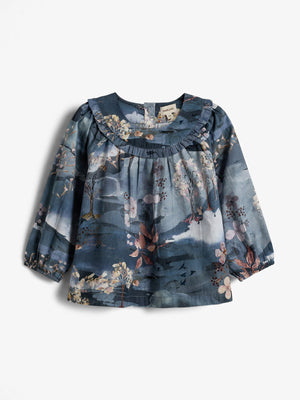 Popeline blouse met landschapsprint - Little - Blue/Rose