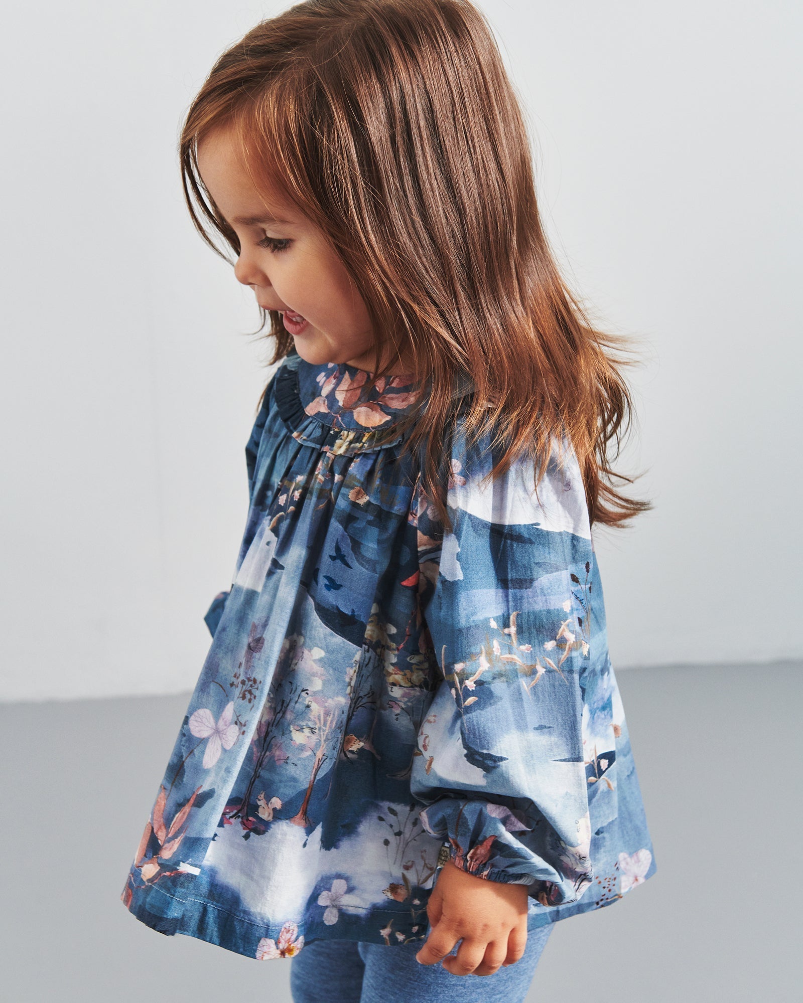 Popeline blouse met landschapsprint - Little - Blue/Rose