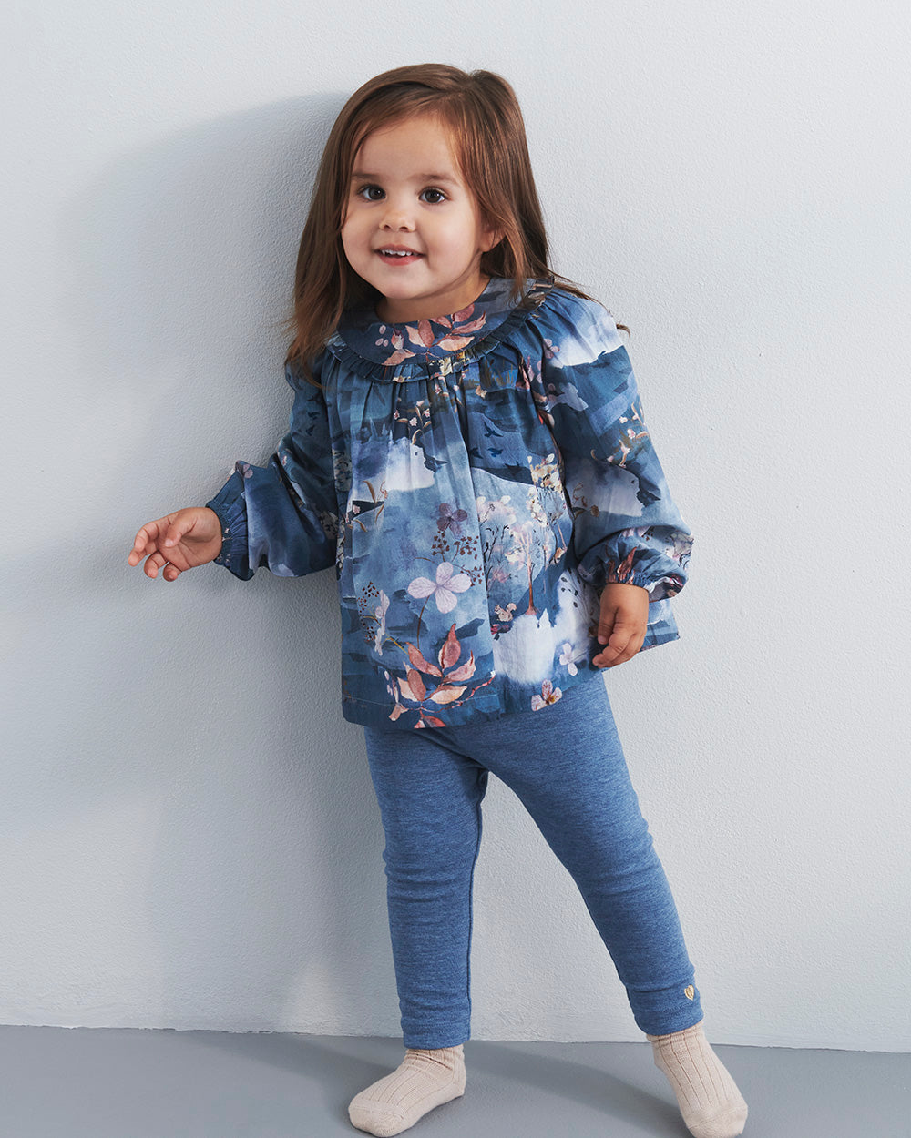 Popeline blouse met landschapsprint - Little - Blue/Rose