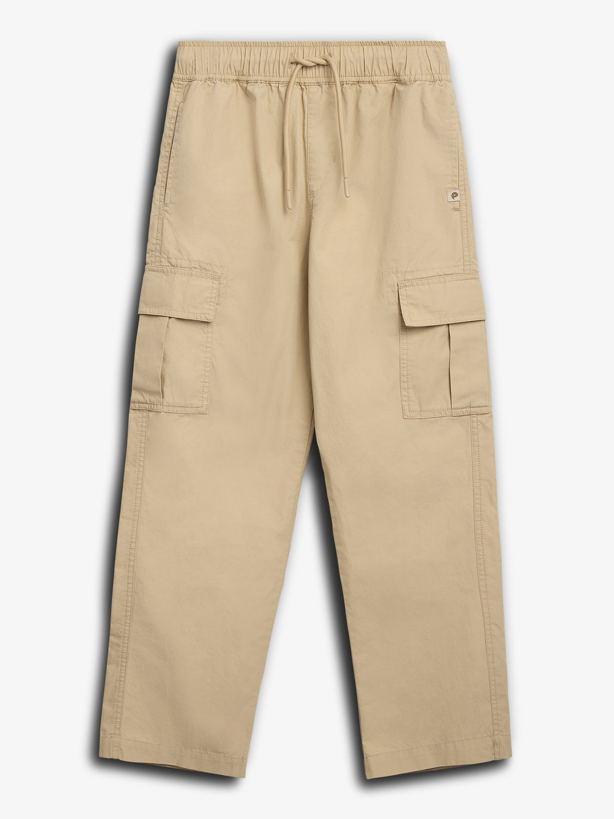 Khaki cargo pants with an elastic waistband and drawstring, featuring large side pockets. Displayed against a plain white background, emphasizing their casual style and utility.