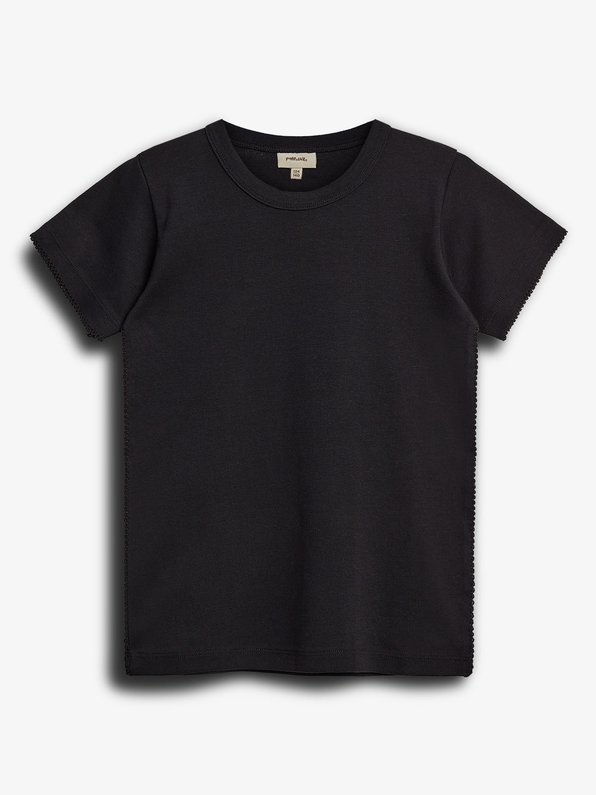 A black short-sleeve T-shirt with a round neckline is laid flat against a white background. A label inside the collar reads "pura vida."