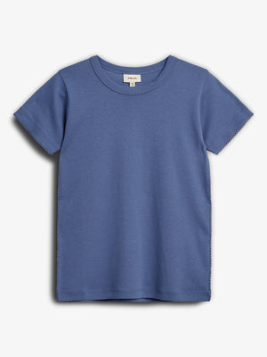A blue short-sleeve shirt is displayed on a plain white background. The shirt's label reads "petit. allo," size "110."
