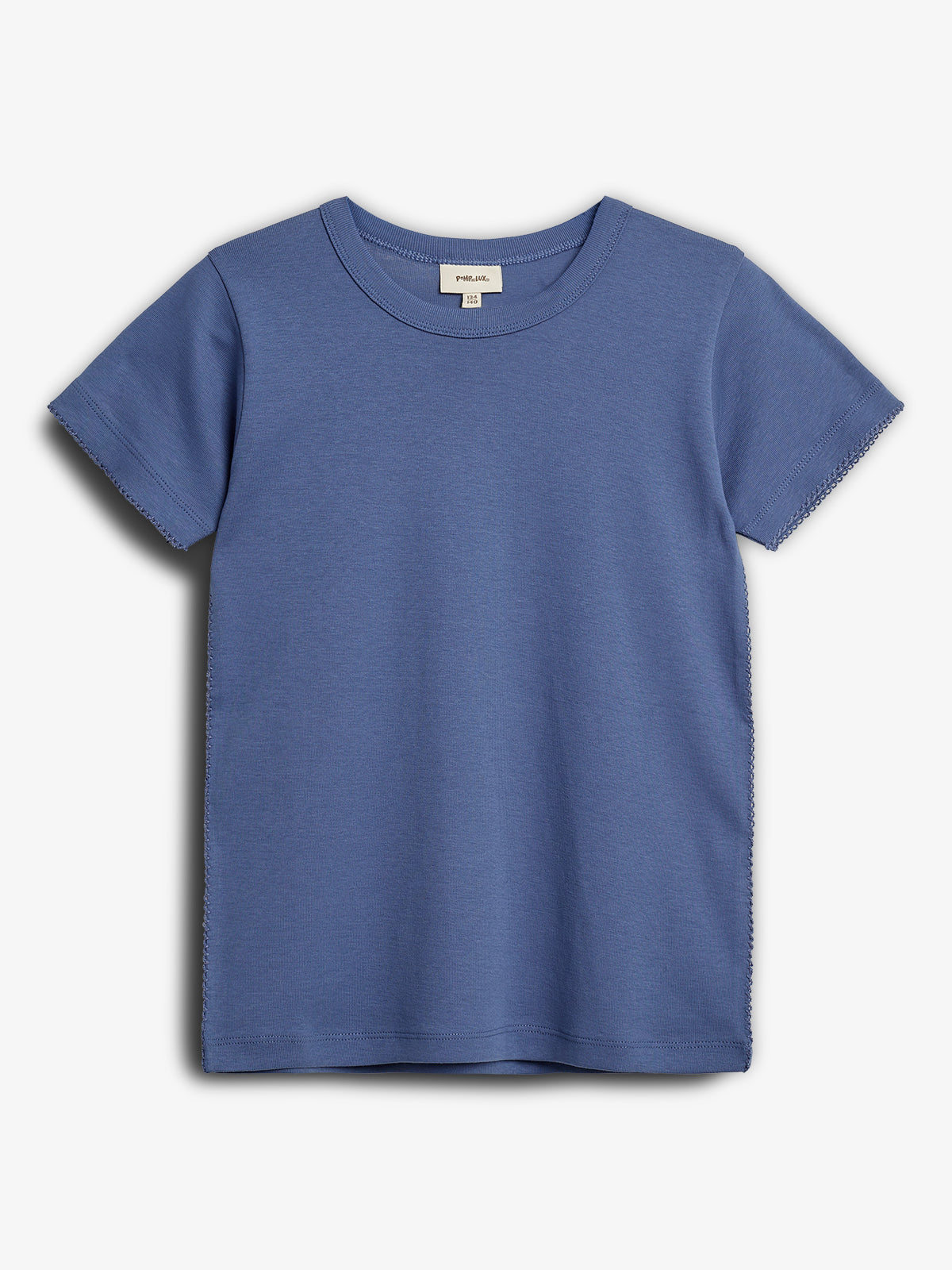 A blue short-sleeve shirt is displayed on a plain white background. The shirt's label reads "petit. allo," size "110."