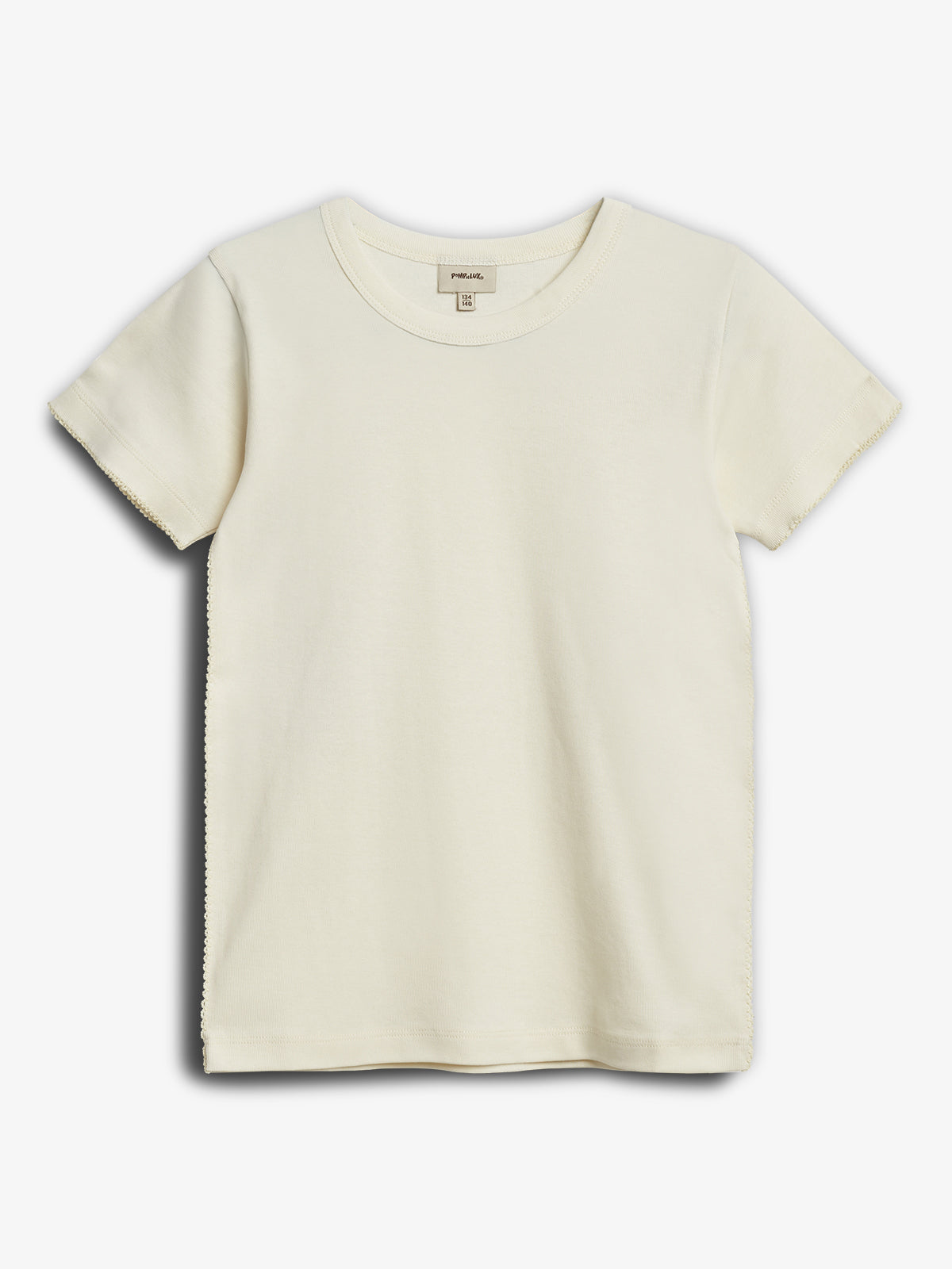 A plain, cream-colored t-shirt lies flat against a white background. The label inside reads "mini rodini, 140/140." The shirt features short sleeves and a round neckline.