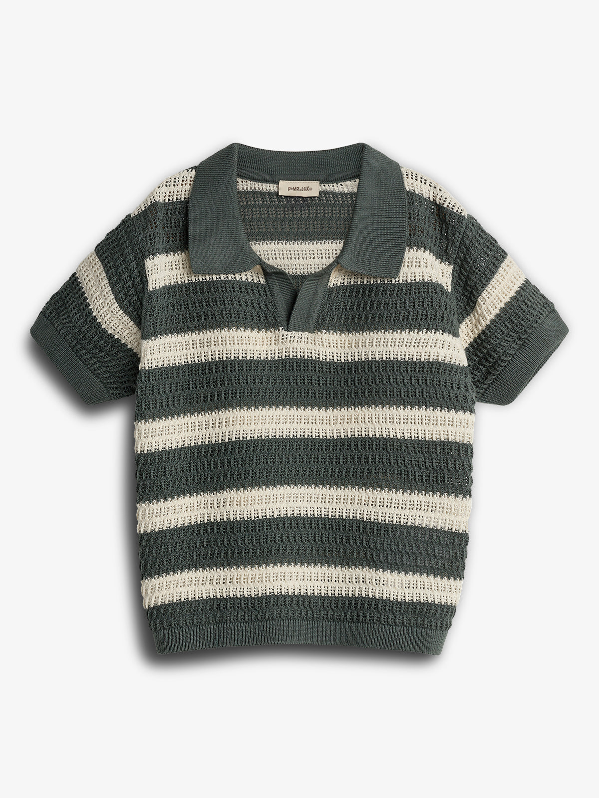 A short-sleeved, collared green and white striped knit sweater displayed on a flat white background. The texture is waffle-knit, giving it a casual yet structured appearance. A label reads "smallable."