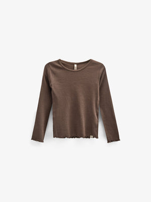 Modal Rib-T-shirt met lange mouwen en Picot-randje - Kids - Chocolate | 100576 Mia