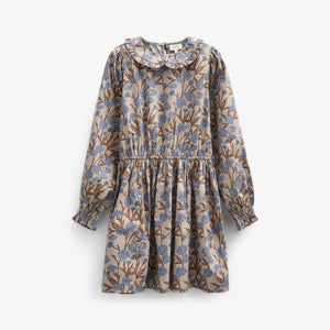 Bedrukte katoenen popeline jurk met elastiek in de taille - Tween - Blue / Brown | 100719 Amy