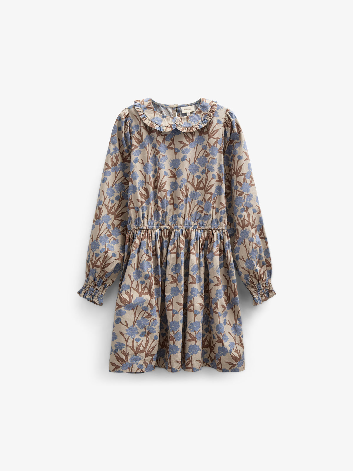 Bedrukte katoenen popeline jurk met elastiek in de taille - Tween - Blue / Brown | 100719 Amy