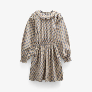 Bedrukte katoenen popeline jurk met elastiek in de taille - Tween - Caffe Latte w. Blue | 100801 Amine