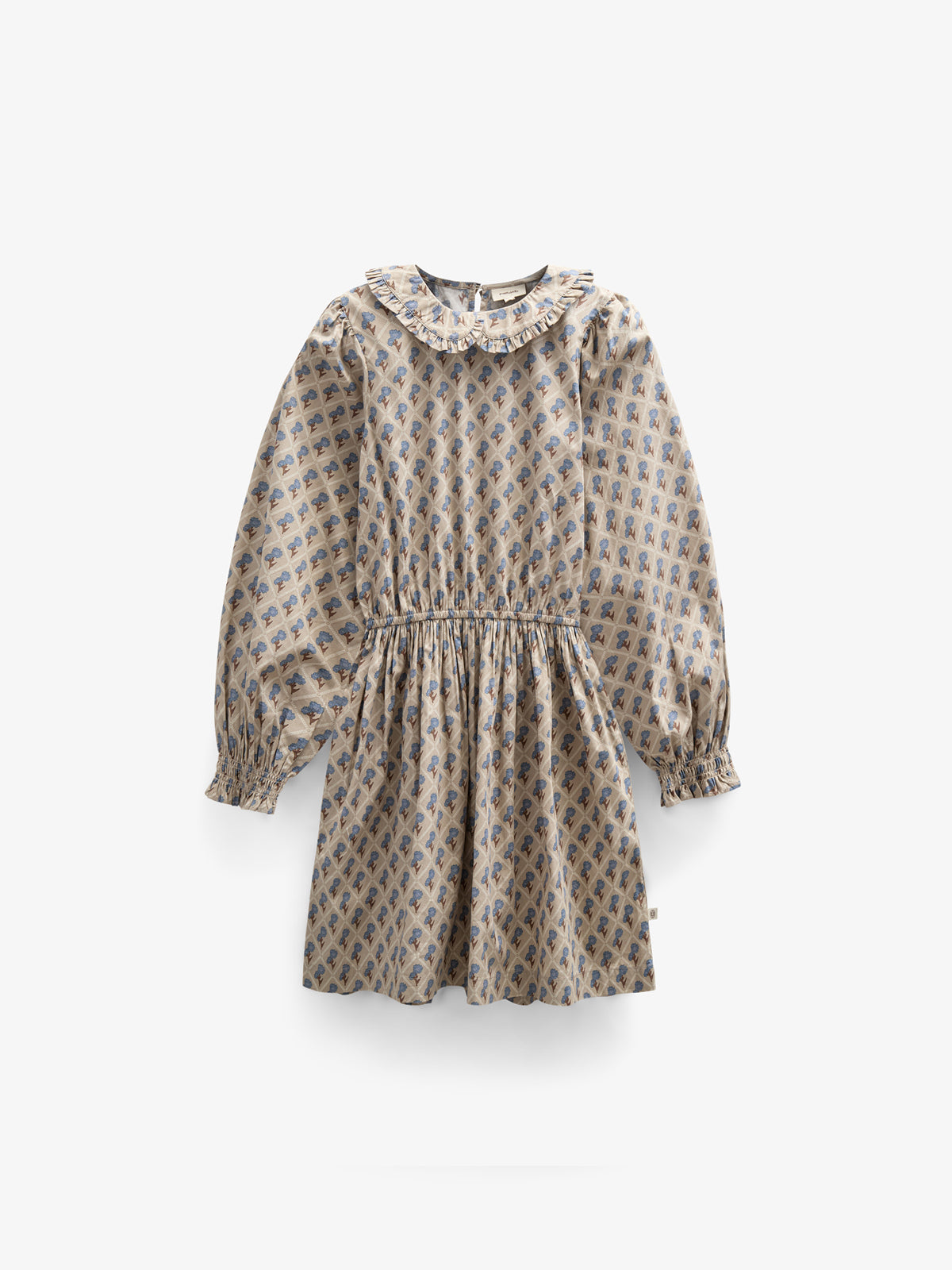 Bedrukte katoenen popeline jurk met elastiek in de taille - Tween - Caffe Latte w. Blue | 100801 Amine