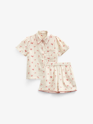 Bedrukte gaze shirt en korte broek set - Tween - Offwhite/Cherry Red | 100973 Fiona