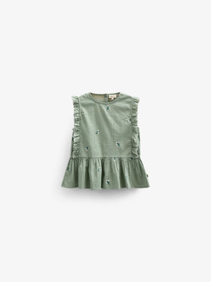 Geborduurde Seersucker Top - Kids - Dusty Green | 100980 Nora