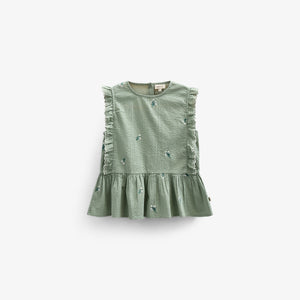 Geborduurde Seersucker Top - Tween - Dusty Green | 100981 Nora