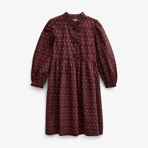 Poplin jurk met ruches langs de knopenlijst Tween - Bordeaux Flowerprint | 101439 Julia