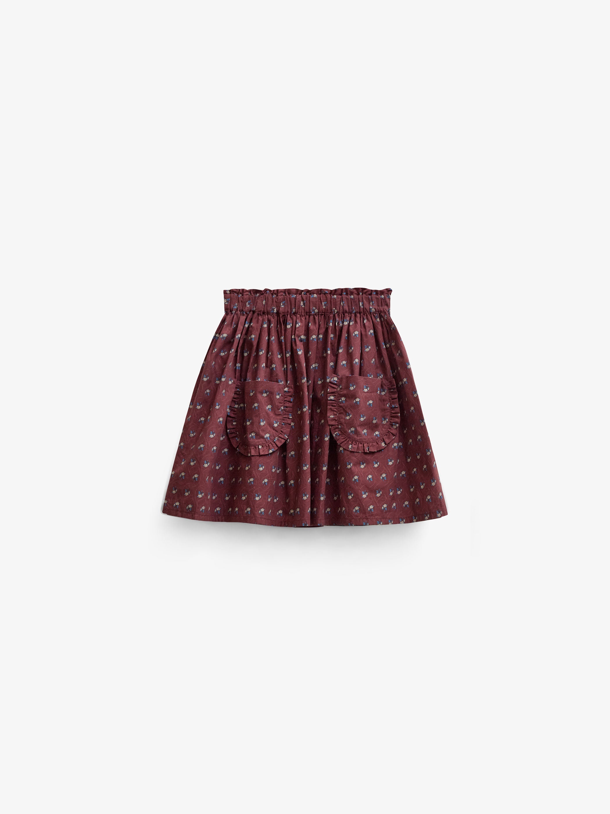 Frill Pocket Poplin Skirt - Kids - Bordeaux Flowerprint | 101447 Julia