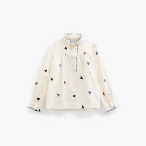 Katoenen blouse met hartborduursel Tween - Blue/Brown | 101456 Elina
