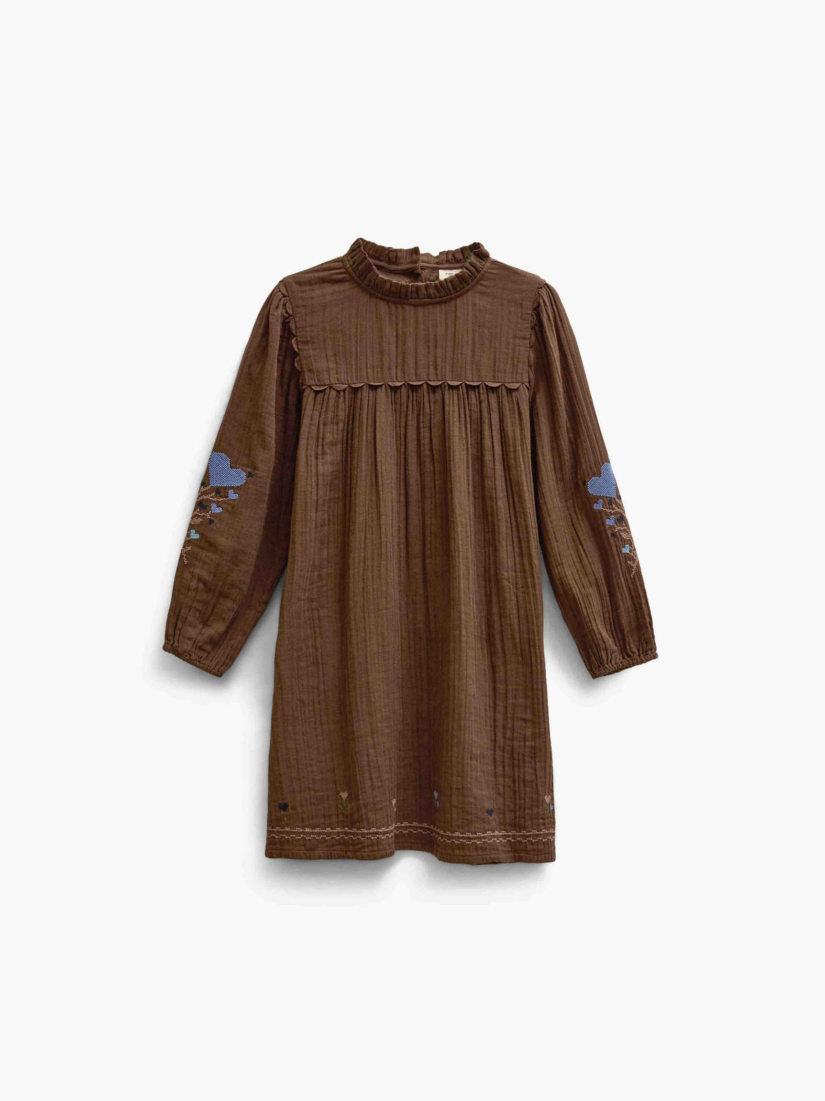Double gauze jurk met kruissteekborduursel Kids - Brown | 101467 Laureen