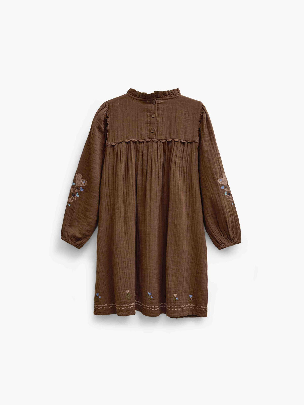Double gauze jurk met kruissteekborduursel Kids - Brown | 101467 Laureen