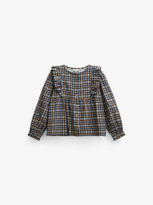 Checked Cotton Frill Blouse - Kids - Blue | 101495 Penny