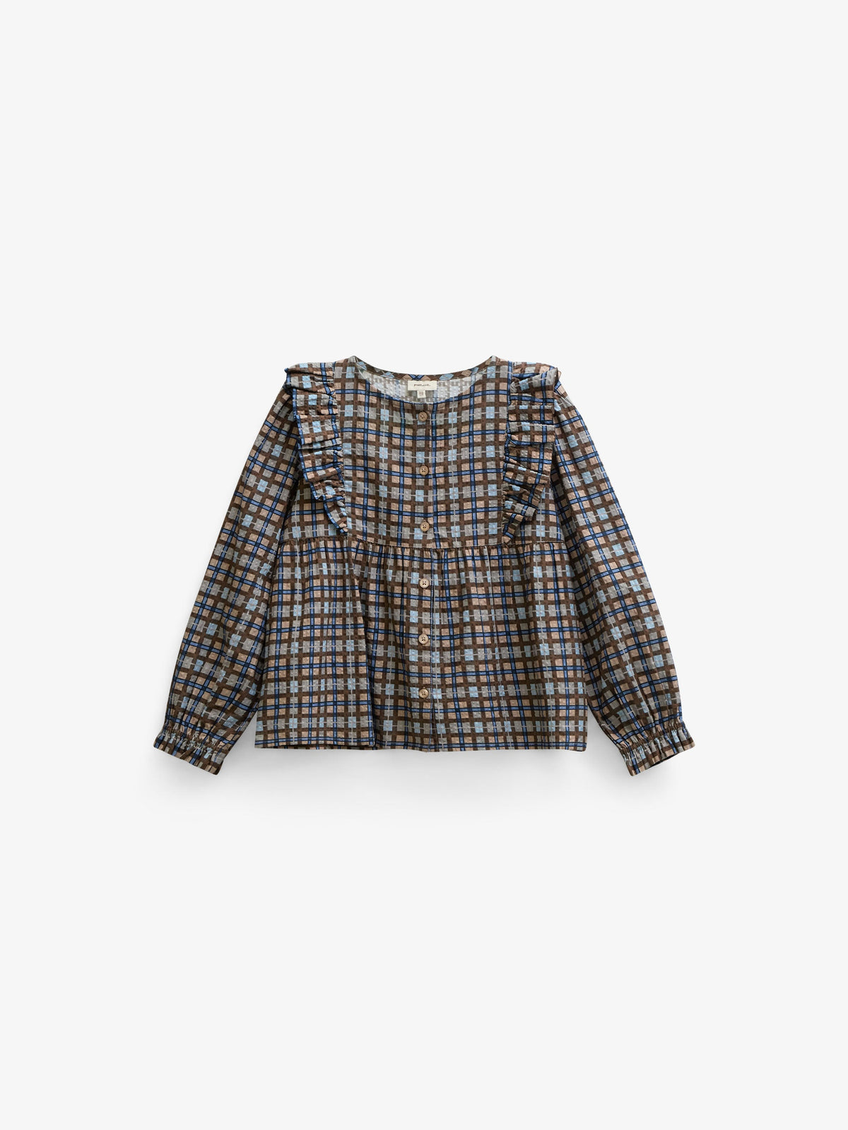 Checked Cotton Frill Blouse - Kids - Blue | 101495 Penny