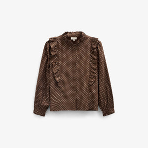 Dotted Viscose Frill Blouse - Tween - Brown/Offwhite | 101662 Feline