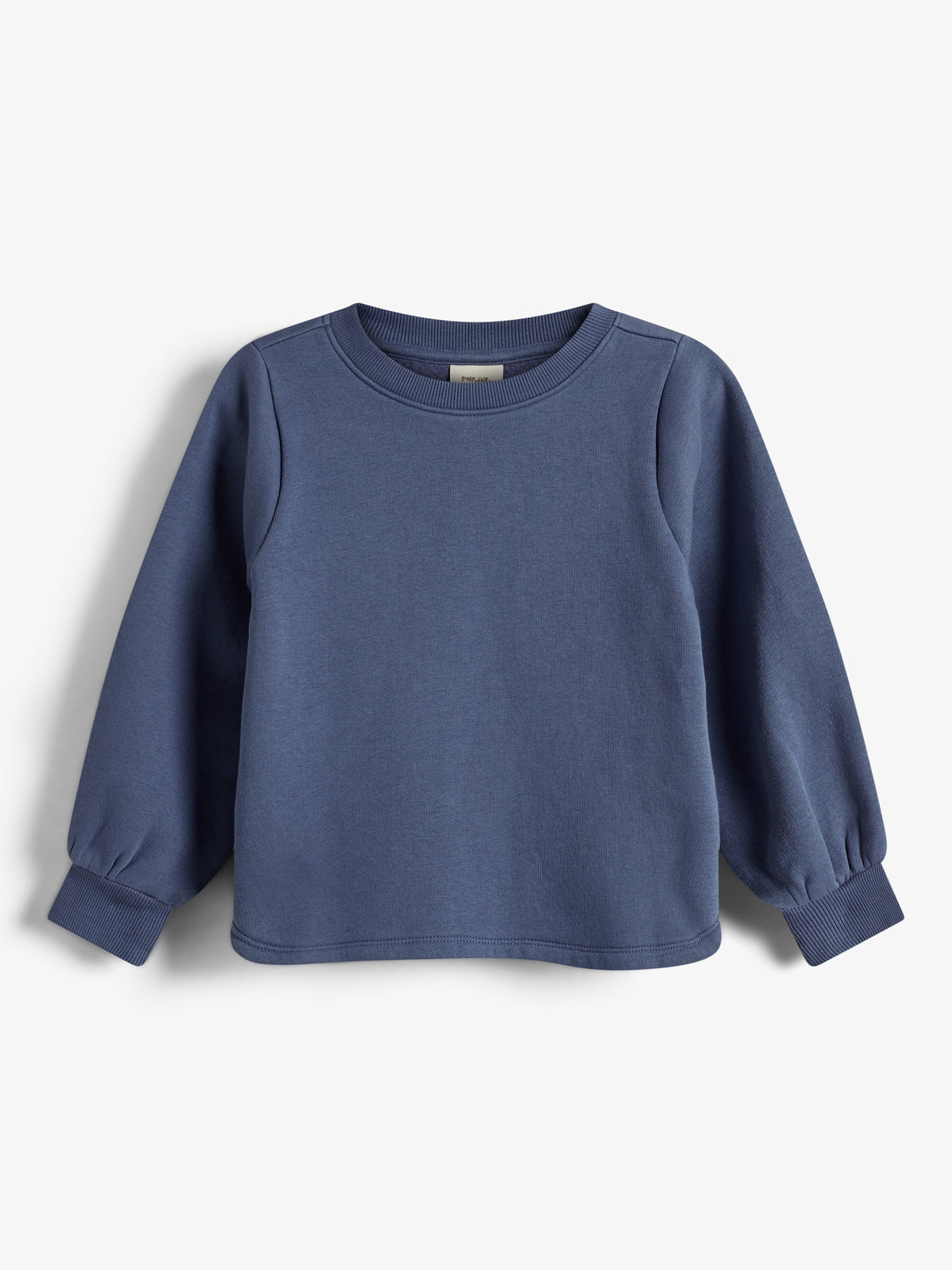 Een blauwe sweatshirt hangt voor een witte achtergrond. Het kledingstuk heeft lange mouwen en een ronde halslijn. Er is geen tekst zichtbaar.