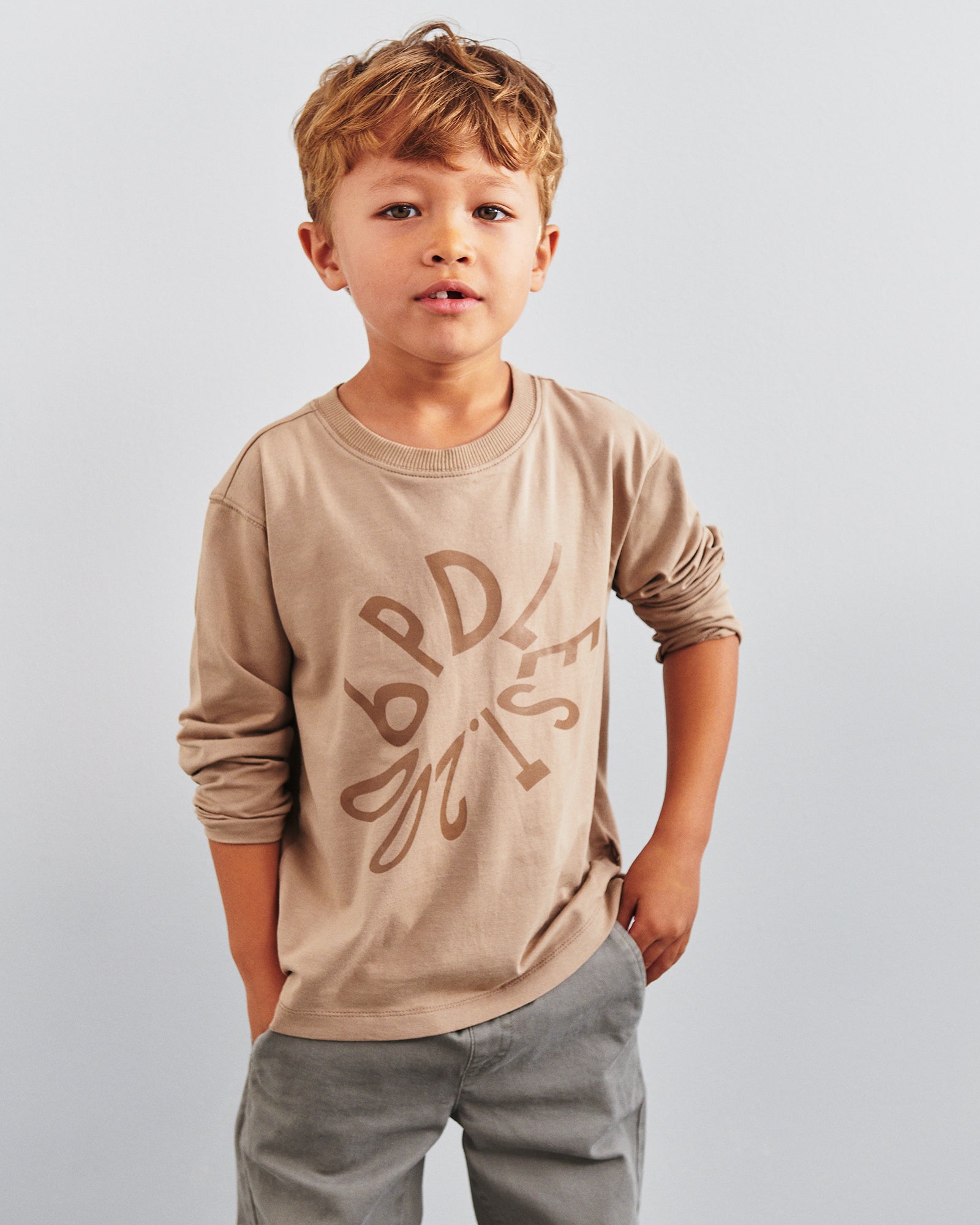 Warp Text Long Sleeve T-shirt - Kids - Dark Beige