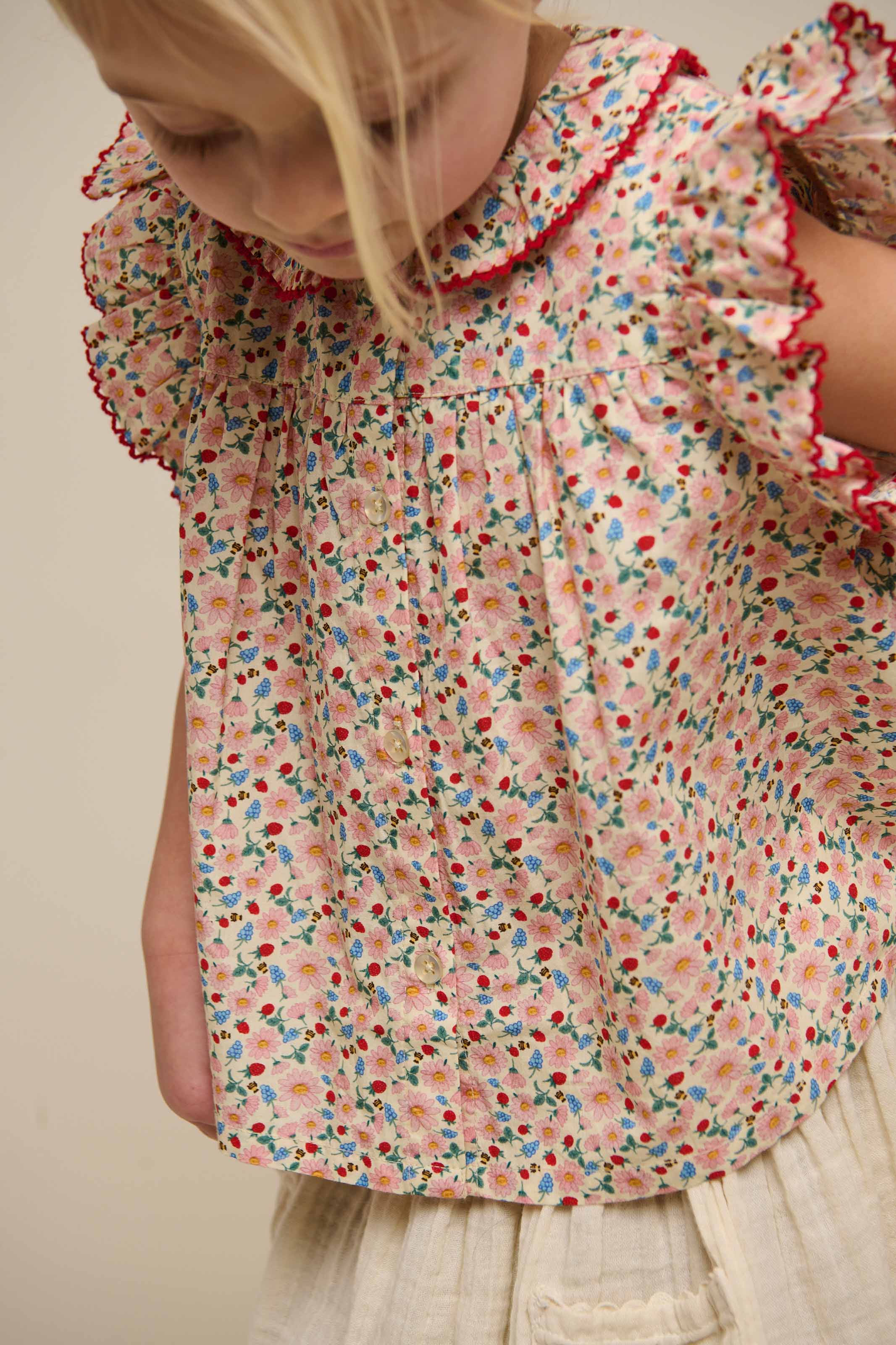 Poplin Top met Bloemenprint en Ruche - Kids - Rose | 100948 Poppy