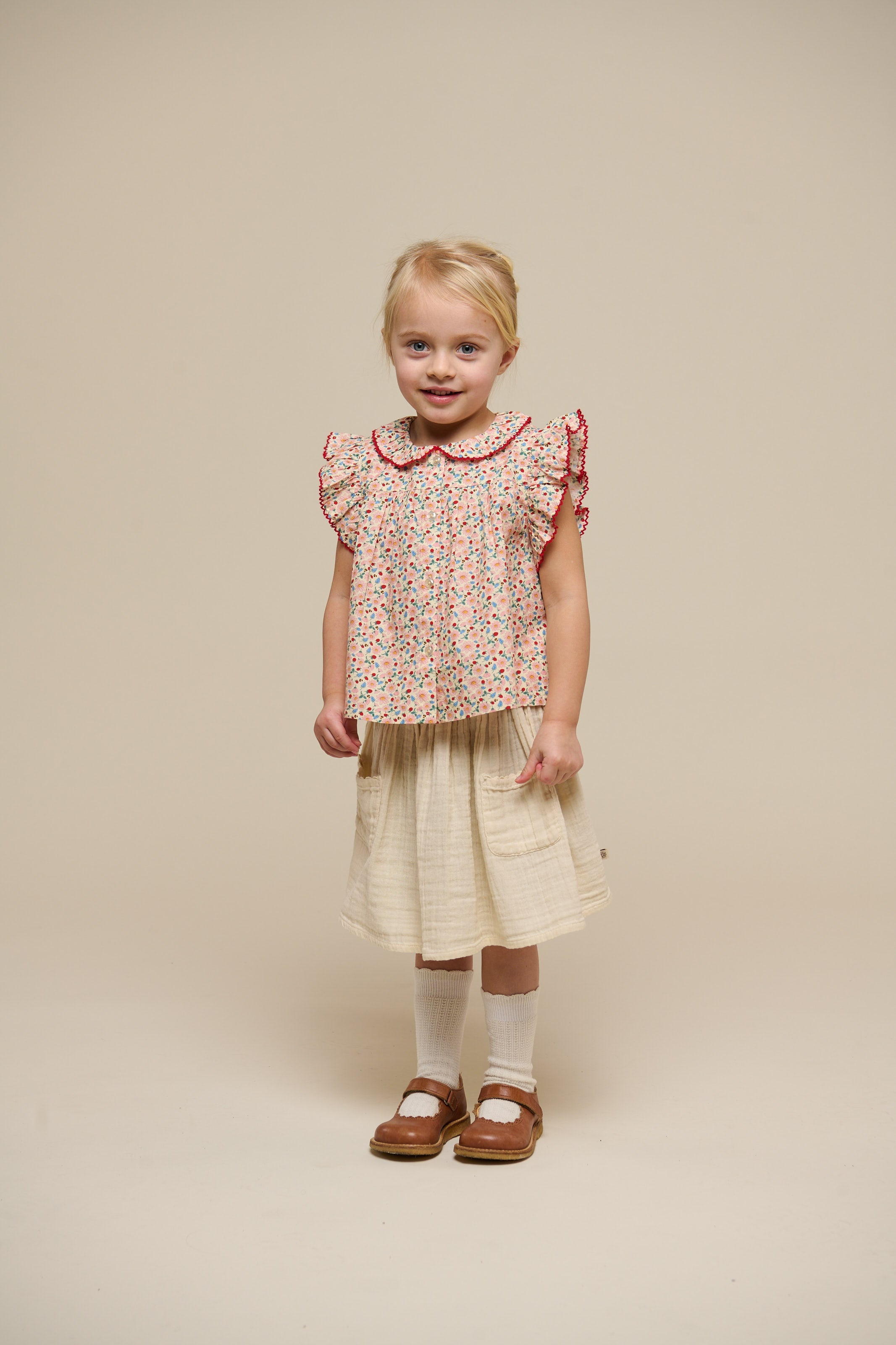 Poplin Top met Bloemenprint en Ruche - Kids - Rose | 100948 Poppy