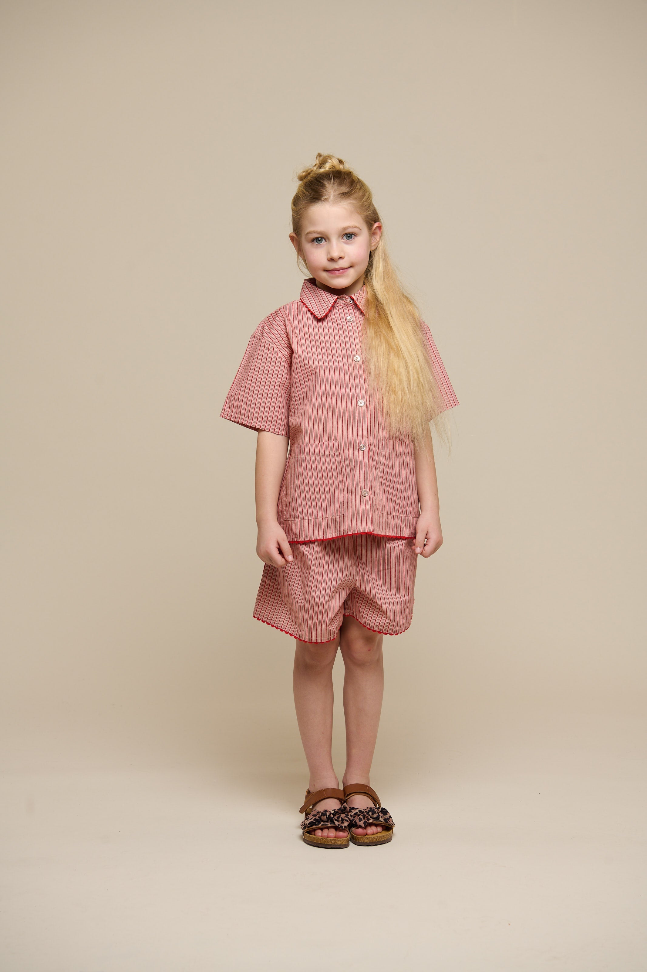 Gestreepte poplin overhemd en shorts set - Tween - Old Rose/Cherry Red | 100947 Olivia