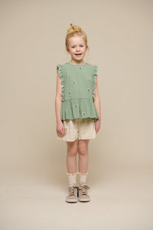 Geborduurde Seersucker Top - Tween - Dusty Green | 100981 Nora